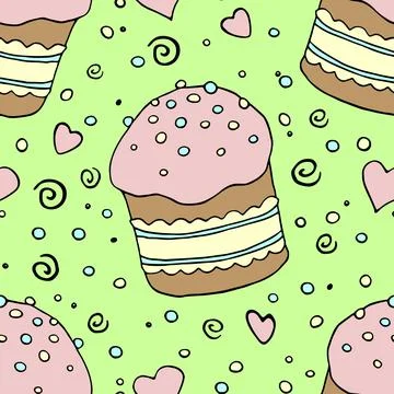 Vector seamless pattern with Easter cake, sweet bread or muffin. Colorful spr Stock Illustration