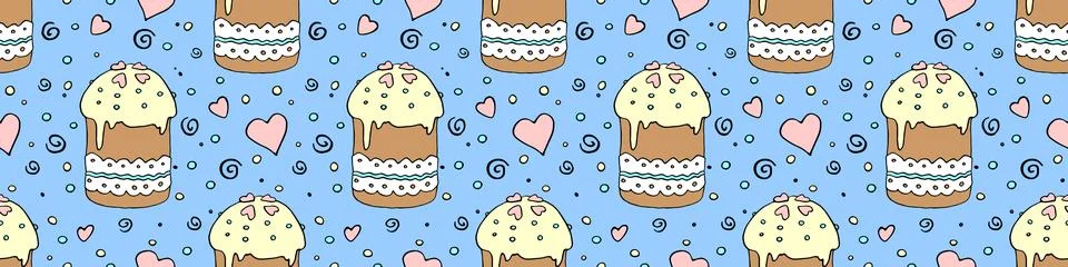 Vector seamless pattern with Easter cake, sweet bread or muffin. Colorful spr Stock Illustration