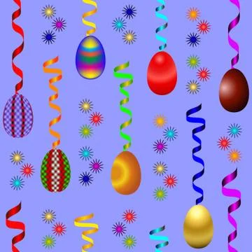 Vector seamless pattern with Easter eggs, asterisks and ribbons. Stock Illustration