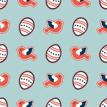 Vector seamless pattern with Easter eggs, birds. Stock Illustration