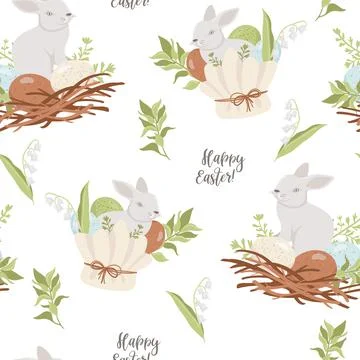 Vector seamless pattern with Easter eggs and bunnies. Illustrazione stock