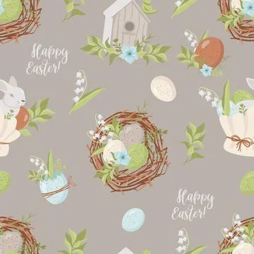 Vector seamless pattern with Easter eggs and bunnies. Illustrazione stock