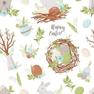 Vector seamless pattern with Easter eggs and bunnies. Stock Illustration