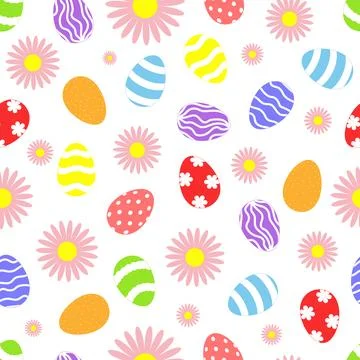 Vector seamless pattern with Easter eggs and pink flowers. Happy easter day. Stock Illustration