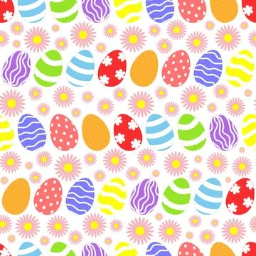 Vector seamless pattern with Easter eggs and pink flowers. Happy easter day. Stock Illustration