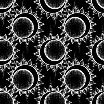 Vector seamless pattern eclipse white outline on black background. moon and sun Ilustração Stock