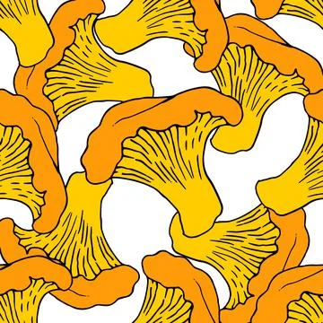Vector seamless pattern of edible mushrooms chanterelles orange with a black Illustrazione stock