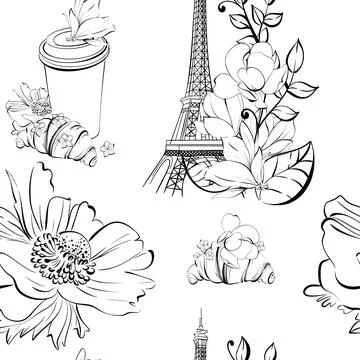 Vector seamless pattern of Eiffel Tower and flower. Magnolia springtime romantic Illustrazione stock