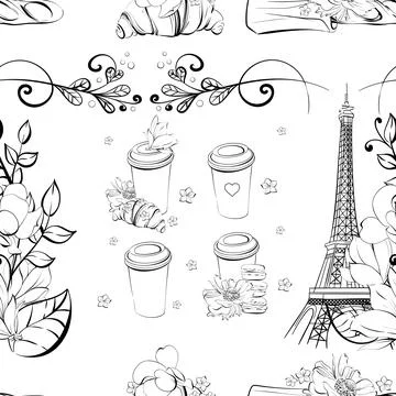 Vector seamless pattern Eiffel tower with flowers in romantic style. French Stock Illustration
