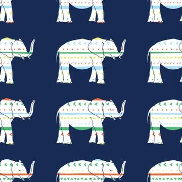 Vector seamless pattern with elephants hand drawn stripes and triangles . Hand Stock Illustration