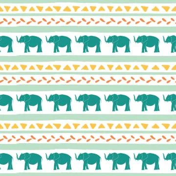 Vector seamless pattern with elephants hand drawn stripes and triangles . Hand Illustrazione stock