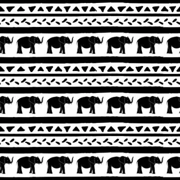 Vector seamless pattern with elephants hand drawn stripes and triangles . Hand Stock Illustration
