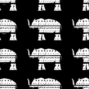 Vector seamless pattern with elephants hand drawn stripes and triangles . Hand Stock Illustration