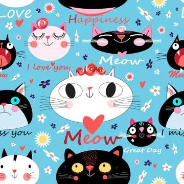 Vector seamless pattern enamored cats on a floral background Illustrazione stock