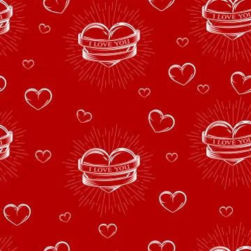Vector seamless pattern with engraving hearts,  ribbons and burst light rays. I Stock Illustration