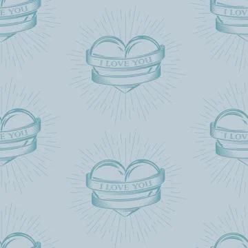 Vector seamless pattern with engraving hearts,  ribbons and burst light rays. I Stock Illustration