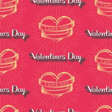 Vector seamless pattern with engraving hearts,  ribbons, hand-written lettering Stock Illustration
