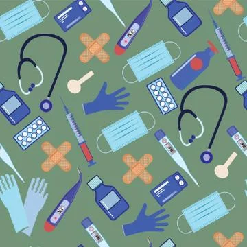 Vector Seamless Pattern with equipment of medicine and health theme on  green Stock Illustration