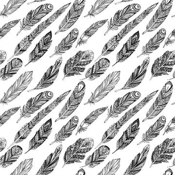 Vector Seamless pattern with ethnic feathers. Tribal Feathers Vintage Pattern Stock Illustration
