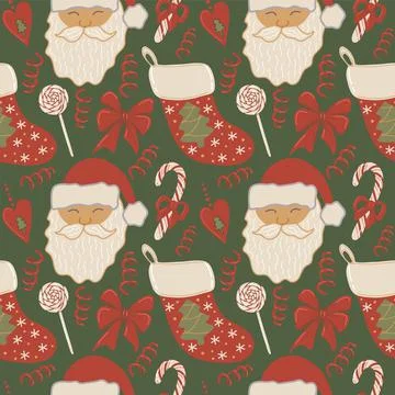 Vector seamless pattern with Face Santa Claus, Christmas sock and Christmas Stock Illustration