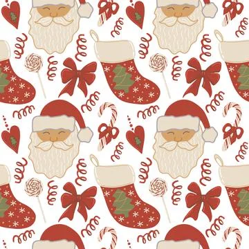 Vector seamless pattern with Face Santa Claus, Christmas sock and Christmas Stock Illustration