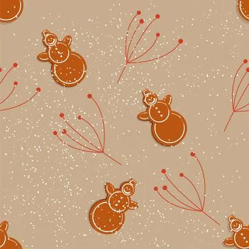 Vector seamless pattern. Falling snow flakes, Christmas cookies, snowman. Stock Illustration