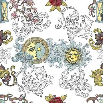 Vector seamless pattern with fantasy illustrations of moon and sun symbols Stock Illustration