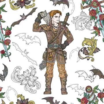 Vector seamless pattern with fantasy illustrations of vampire hunter Stock Illustration