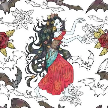 Vector seamless pattern with fantasy illustrations of vampire princess Stock Illustration