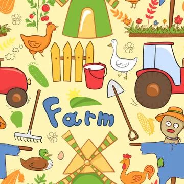 Vector seamless pattern farm elements in doodle style イラスト素材