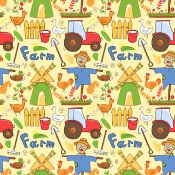 Vector seamless pattern farm elements in doodle style Stock Illustration