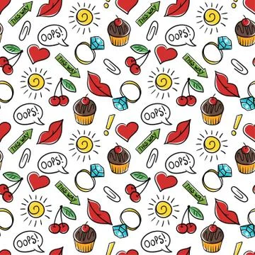 Vector seamless pattern of fashionable patches. Modern doodle pop art sketch  Stock Illustration