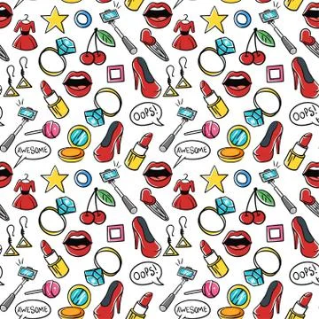 Vector seamless pattern of fashionable patches. Modern doodle pop art sketch  Stock Illustration