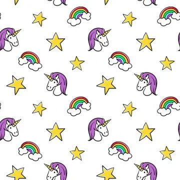 Vector seamless pattern of fashionable patches: unicorn and star. Illustrazione stock