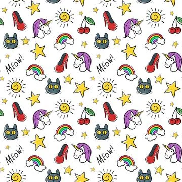Vector seamless pattern of fashionable patches. Modern doodle pop art sketch  Stock Illustration