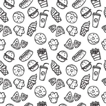 Vector seamless pattern with fast food objects. Stock Illustration