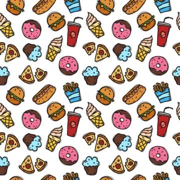 Vector seamless pattern with fast food objects. Junk food and sweets seamless Stock Illustration