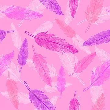 Vector seamless pattern of feathers in hot pink color. Pink feather. Stock Illustration