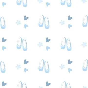 Vector seamless pattern featuring ballet flat shoes and hearts in blue Stock Illustration