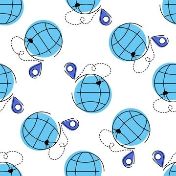 Vector seamless pattern featuring blue globes with location pins and dotted. Stock Illustration