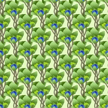 Vector seamless pattern featuring green leaves and a blue flower Stock Illustration
