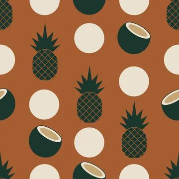 Vector seamless pattern featuring tropical pineapples, coconuts, and abstra.. Stock Illustration