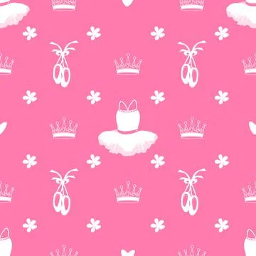 Vector seamless pattern featuring tutu, pointe shoes, crowns and flowers Stock Illustration