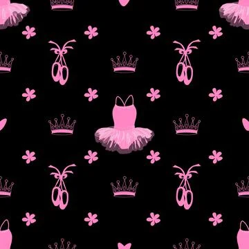 Vector seamless pattern featuring tutu, pointe shoes, crowns and flowers Stock Illustration