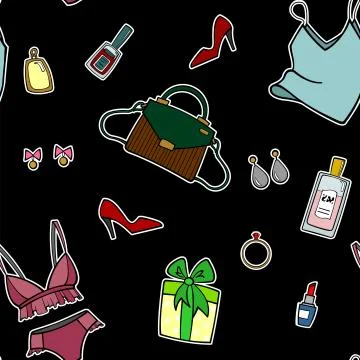 Vector seamless pattern of female things. Top with straps, bra and underwear, Stock Illustration