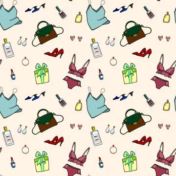 Vector seamless pattern of female things. Top with straps, bra and underwear, Stock Illustration