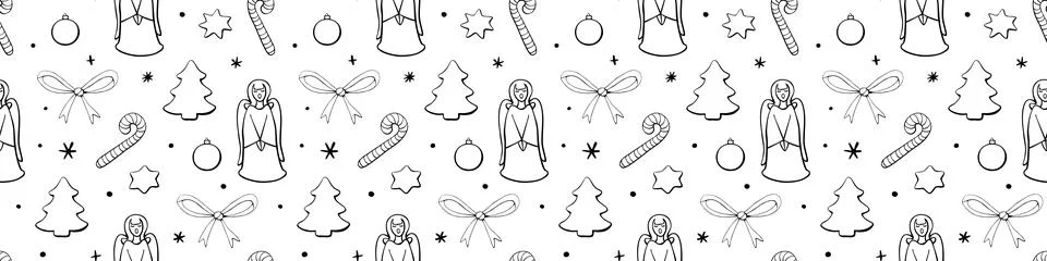 Vector seamless pattern of festive symbols - figures of Christmas trees, sing Illustrazione stock