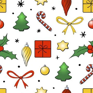 Vector seamless pattern of festive symbols - figures of Christmas trees, holl Illustrazione stock