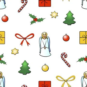 Vector seamless pattern of festive symbols - figures of Christmas trees, sing Illustrazione stock