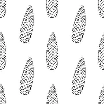 Vector seamless pattern with fir spruce cone in doodle style. Nature forest b Illustrazione stock